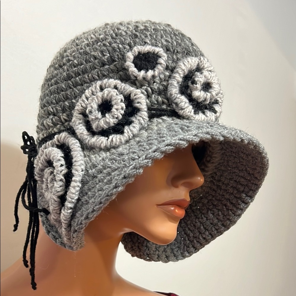 Handmade Gray Crochet Cloche Hat with Floral Accents